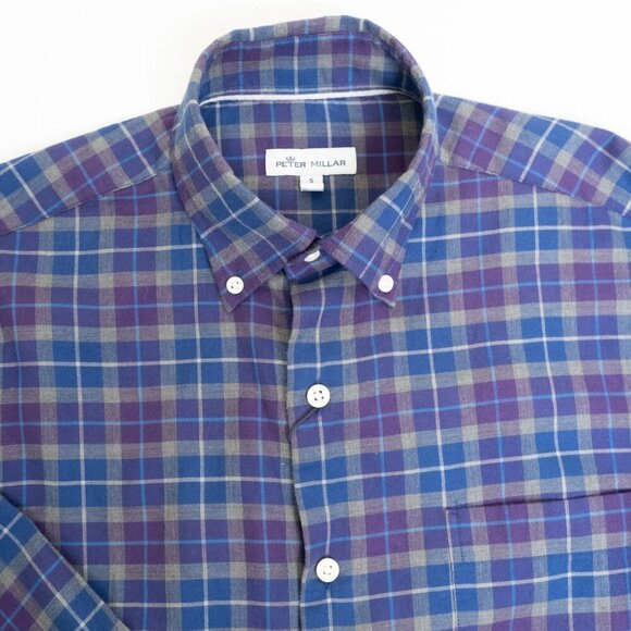 Peter Millar Button Down Ledson Autumn Soft Cotton Sport Shirt Check Blue Purple - Picture 4 of 11
